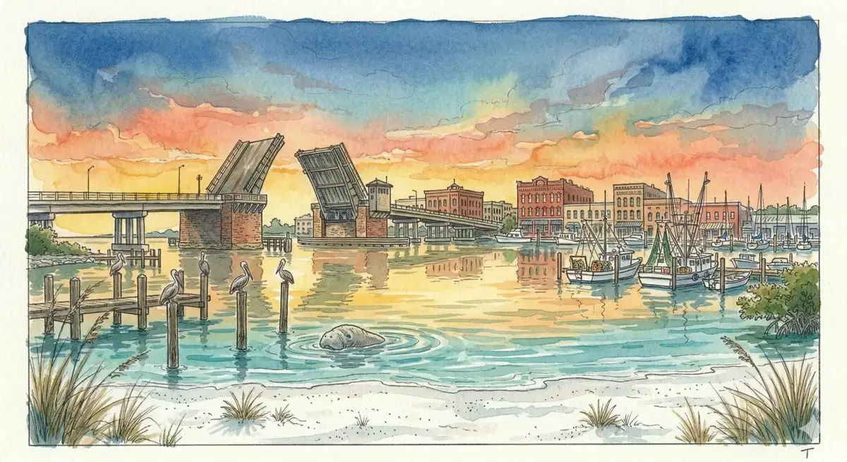 Watercolor Gulf Coast sunset with palm trees over the water