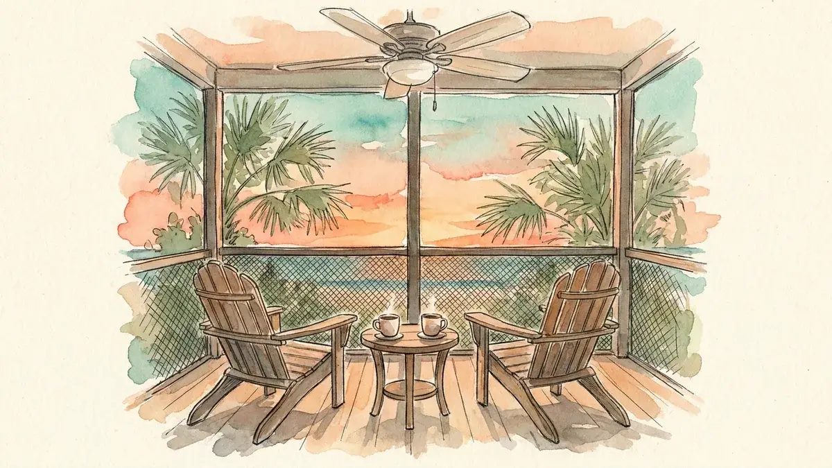 Watercolor of a screened porch at sunset, two empty chairs and two coffee cups, palms beyond the screen