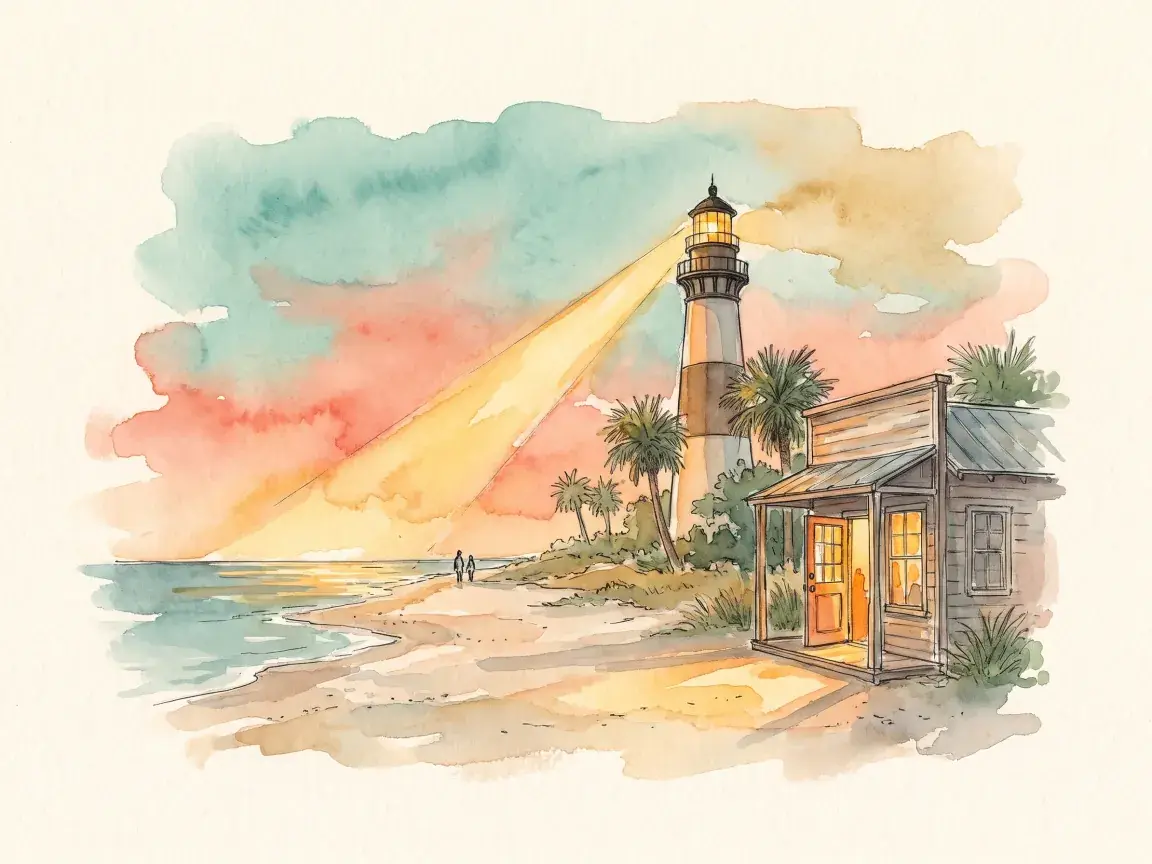 Watercolor of a lighthouse beam landing on a small open storefront