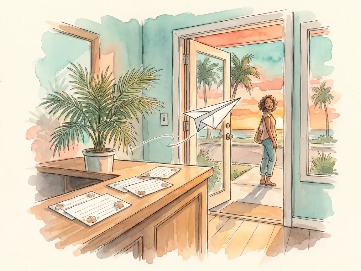 Watercolor of a paper airplane leaving a salon counter toward the sidewalk