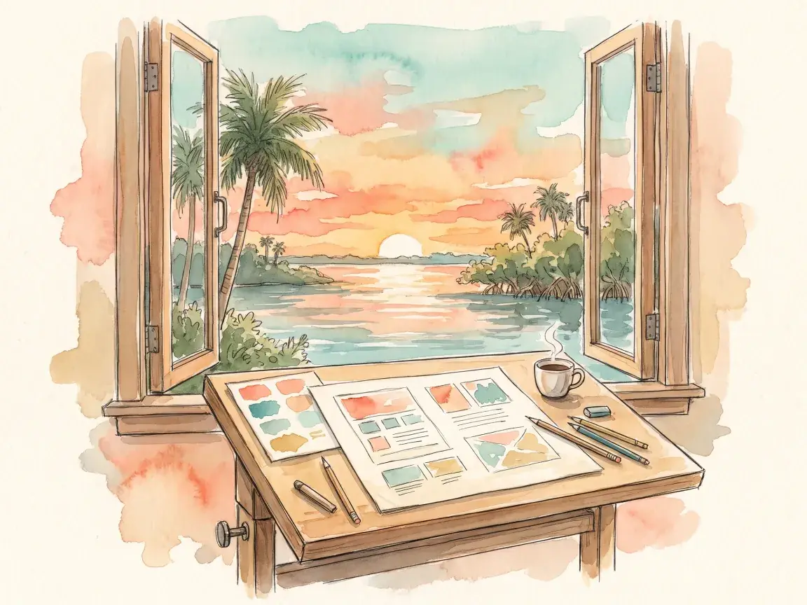 Watercolor of a drafting table by a river window, with layout sketches and a coffee cup
