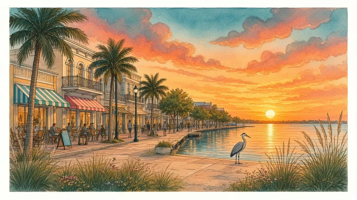 Watercolor of a palm-lined boulevard beside a lake with a fountain