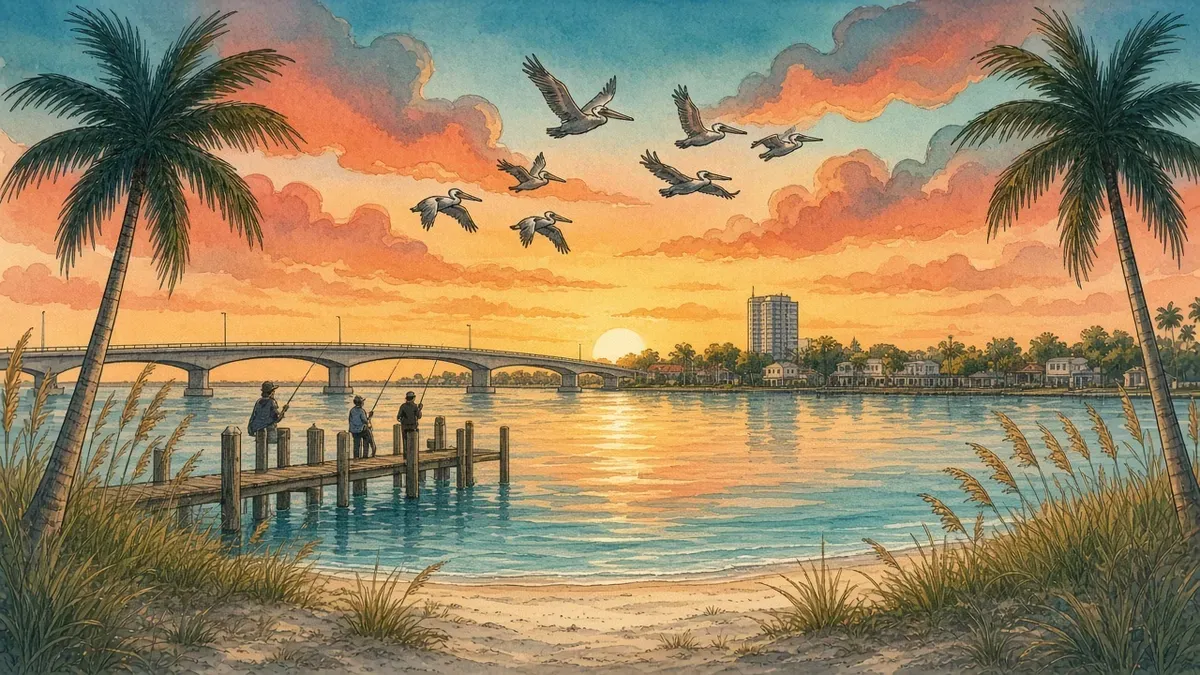 Watercolor of a marina on the Manatee River at sunset