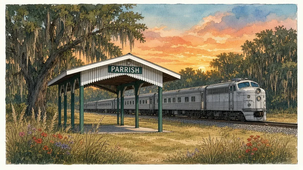Watercolor of live oaks, farmland and new homes in rural Old Florida