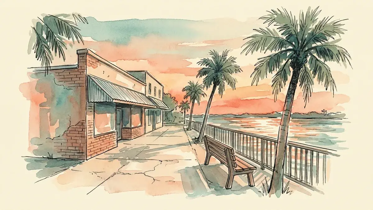 Watercolor of a storefront along the Bradenton Riverwalk, palms and the river in late sun