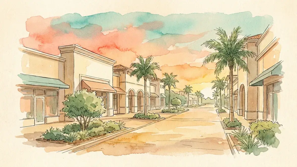 Watercolor of a new stucco shopfront on Lakewood Ranch Main Street, young palms and a wide sidewalk
