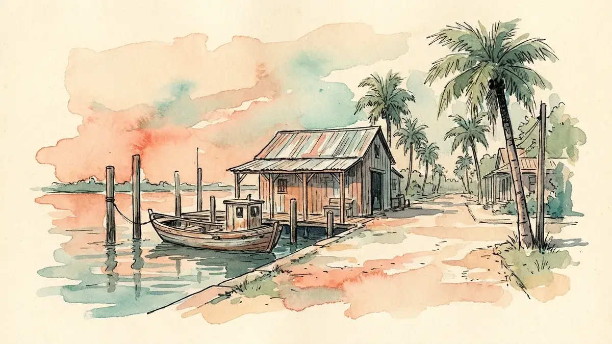 Watercolor of a Palmetto riverfront marine shop, wooden pilings and one workboat tied up