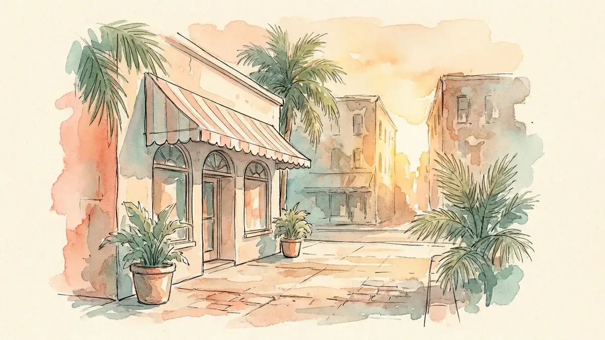 Watercolor of a pale stucco shopfront on Sarasota Main Street, an awning and potted palms