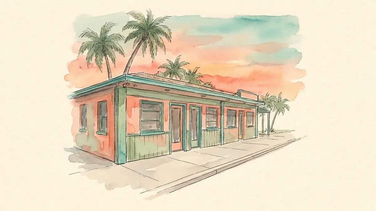Watercolor of a colorful storefront on St. Petersburg Central Avenue in the evening, a palm and an empty sidewalk