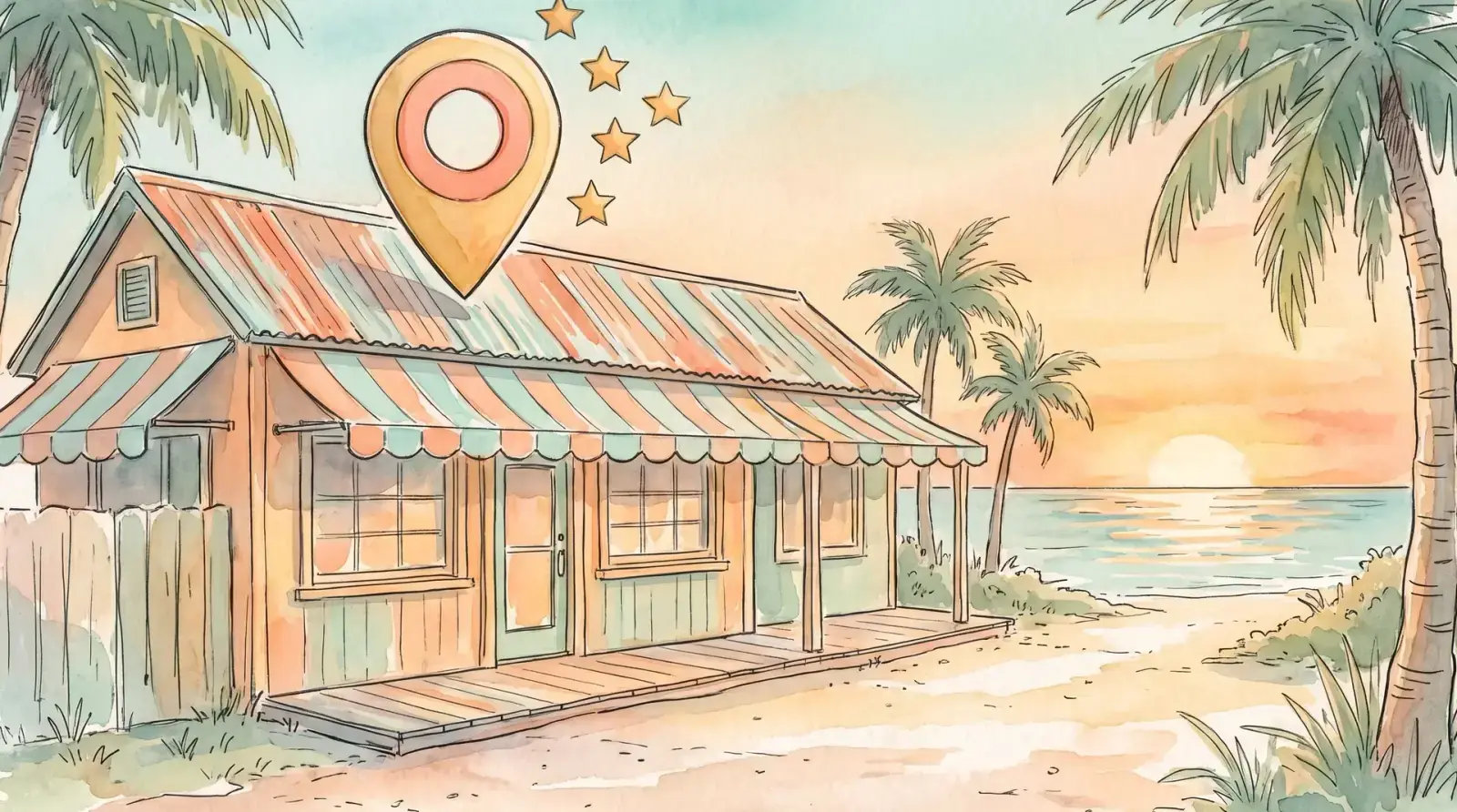 Watercolor of a beach shack shop with a map pin and stars above it