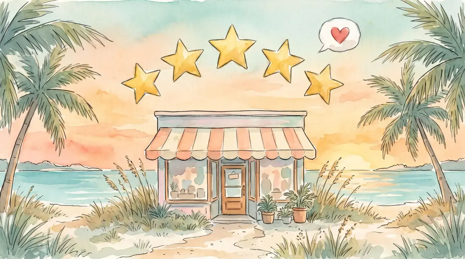 Watercolor of a striped-awning shop by the beach with gold stars and a heart above it