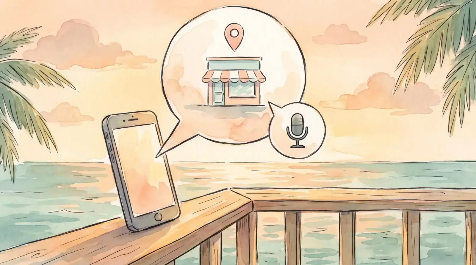 Watercolor of a phone showing a map pin and a shop above a dock railing at sunset