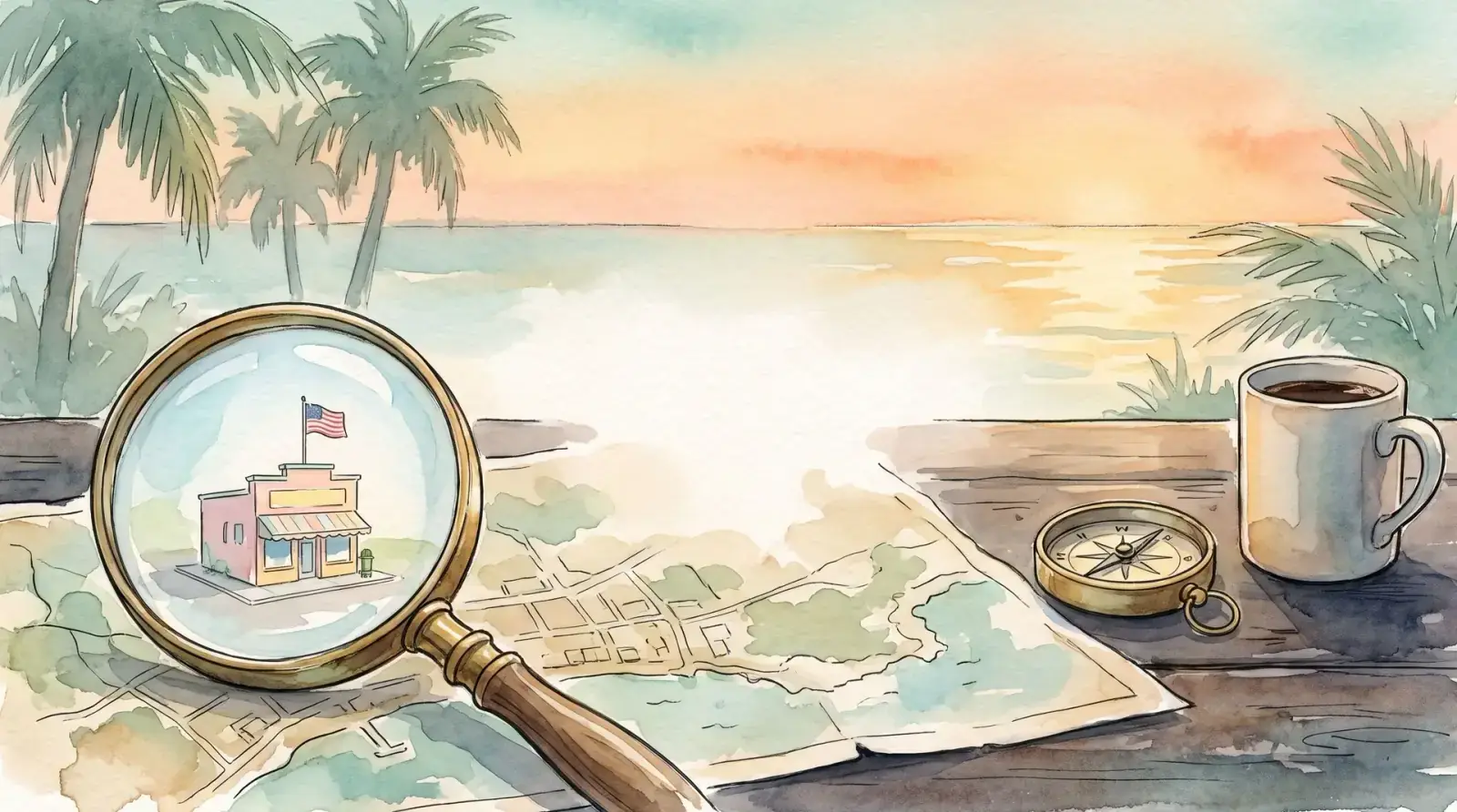 Watercolor of a magnifying glass over a paper map on a dock table at sunrise