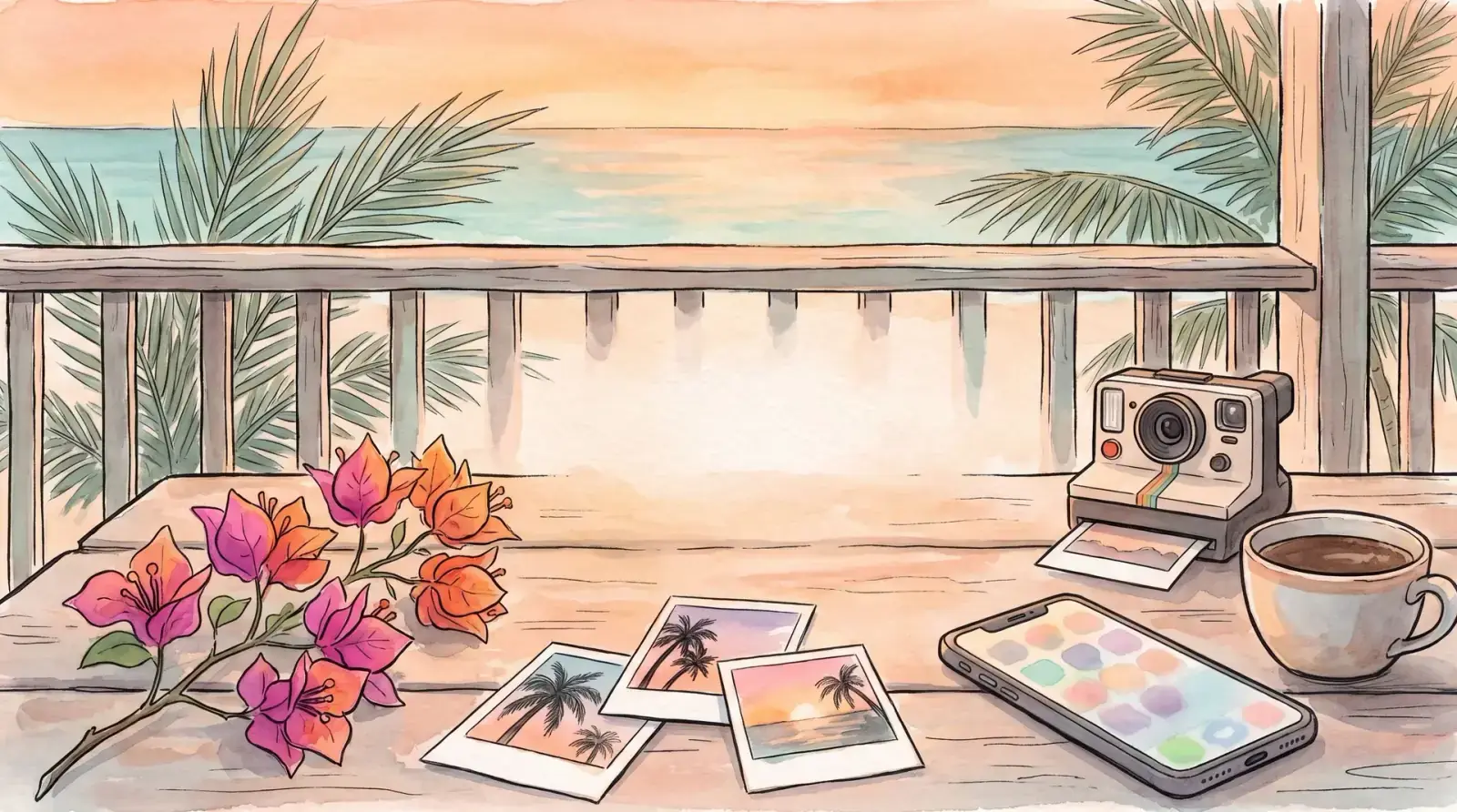 Watercolor of photos, flowers, a camera and a phone on a porch railing by the water