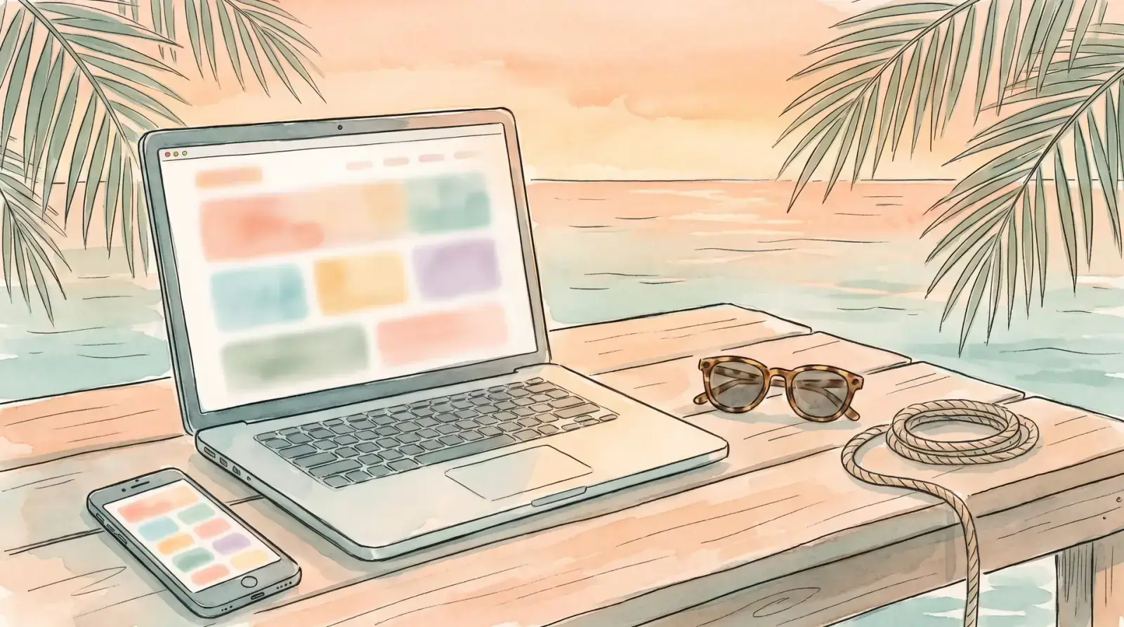 Watercolor of a laptop and phone on a wooden table under palm fronds