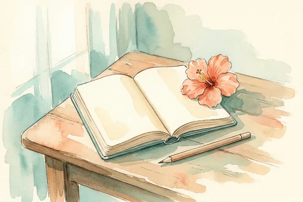 Watercolor of a blank appointment book, a pencil and one hibiscus on a wooden desk