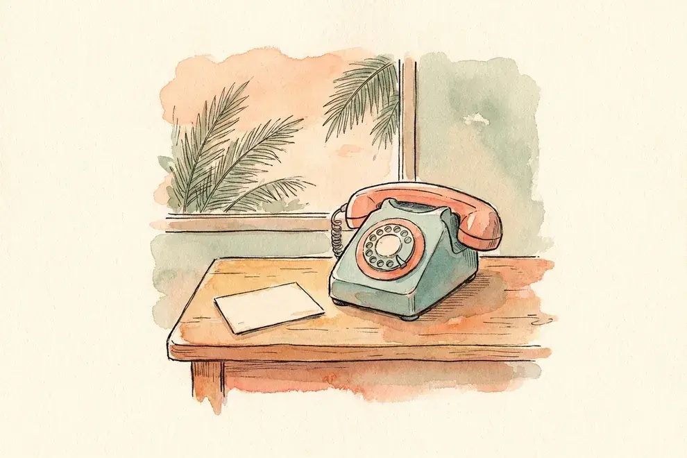 Watercolor of a desk phone and a blank card on a wooden desk, palms outside the window